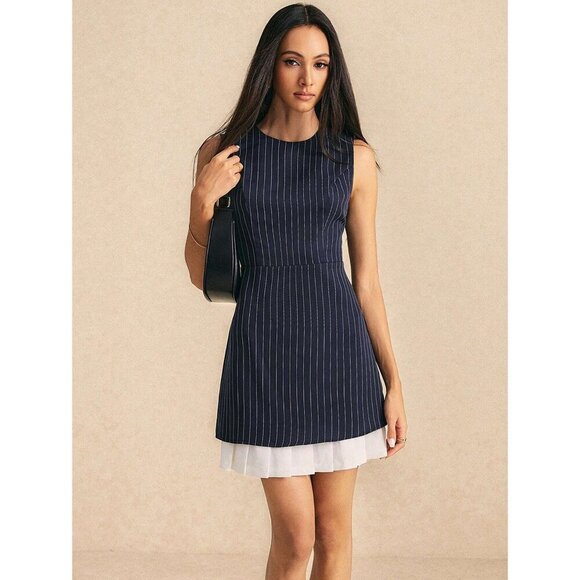 Navy pinstriped Sleeveless Mini Dress Pleat Hem Plazacore Business Minimalist - Picture 1 of 2